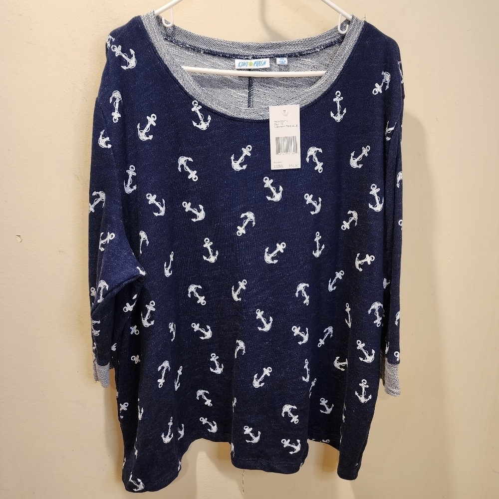Kiwi Fresh Navy Anchor Print Sweater Plus  Size 2X Nwt